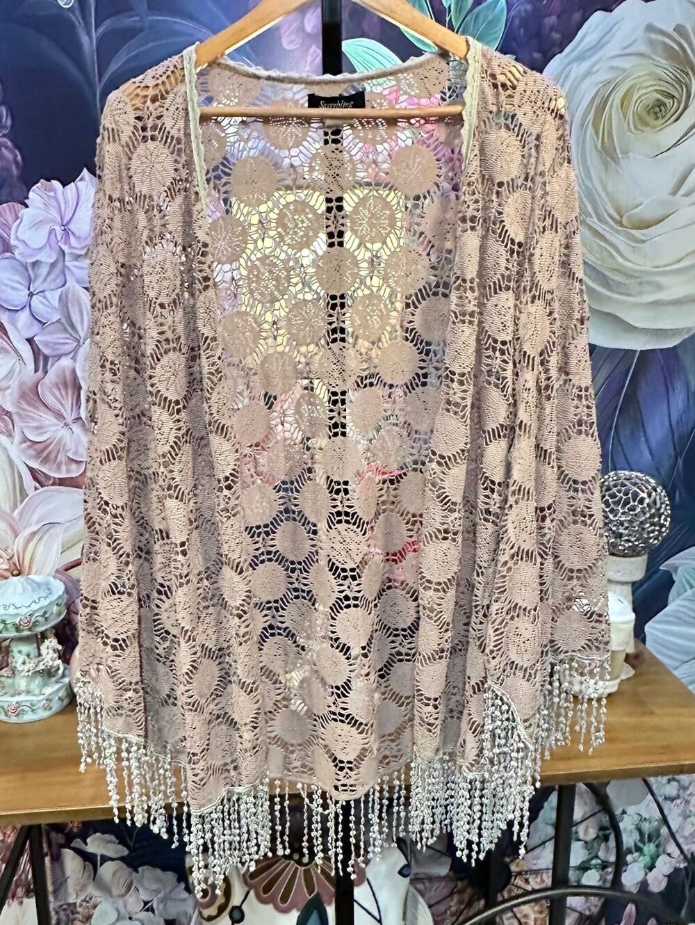 Sassy Bling M Boho Chic Crochet Knit Open Cardigan Beaded Fringe Long Sleeve